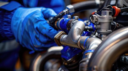 Poster - A technician in blue gloves adjusts a metal pipe fitting in an industrial setting, showcasing precision engineering and mechanics.
