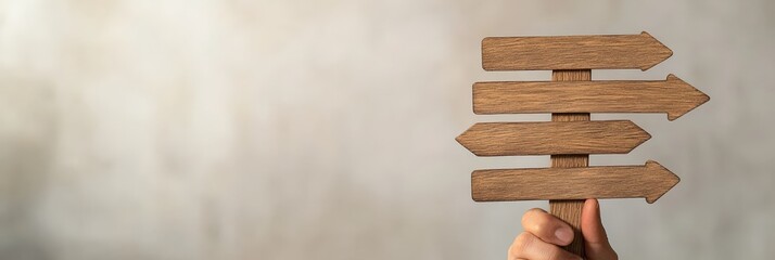 Poster - Hand is holding a wooden signpost with four arrows pointing in different directions, symbolizing choices, decisions, and the concept of fobo - fear of better options -
