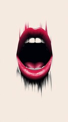 Poster - Sensual female mouth with red lipstick wide open, revealing white teeth and tongue, surrounded by a digital glitch effect on a light background, creating a striking beauty visual