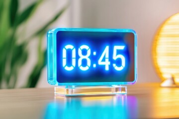 Canvas Print - Futuristic holographic alarm clock displaying glowing blue numbers at 08:45 on a modern smart desk in a high-tech setting