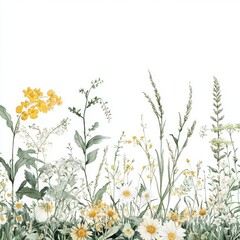 Wall Mural - A transparent background showcases a watercolor illustration of a grassy strip with yellow flowers akin to dandelions