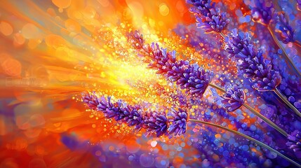 Wall Mural -  A vibrant orange and blue background with purple flower droplets on petals