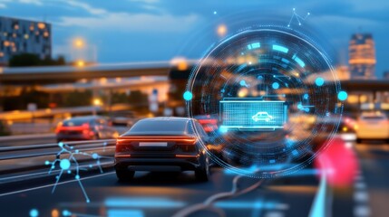 Poster - Advanced vehicle technology integration urban roadway digital visualization evening traffic scene perspective on future mobility concepts