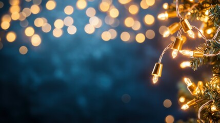 holiday illumination and decoration concept - christmas garland bokeh lights over dark blue background