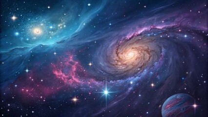 Wall Mural - Dramatic composition of two spiral galaxies in space, showcasing their spiral arms and central cores, useful as a powerful background or header image for space-themed content