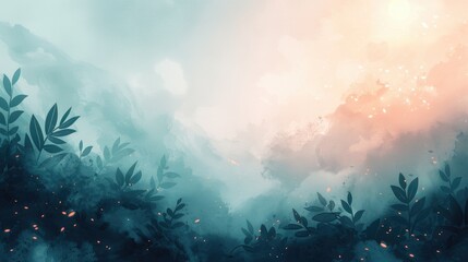 Poster - Serene Misty Mountain Landscape with Silhouetted Plants