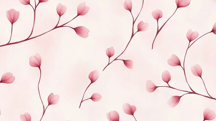 Wall Mural -   A close-up of a pink wallpaper featuring a pink floral pattern on a light pink backdrop with a red stem