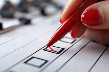 Aufkleber - Woman Holding Red Pen Filling Out Checklist Form in Close-up View