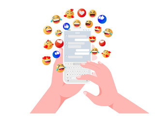 Poster - Engaging Social Media Messaging and Messenger Concept: Hands Holding and Typing on Smartphone with Emoji Notifications, Likes, Hearts, Smiles, Love, Laughs. Vector.