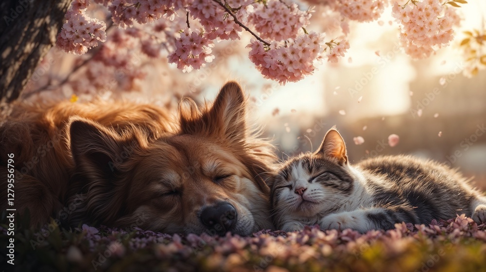 Photorealistic dog and cat sleeping peacefully under pink blossom tree in soft sunlight
