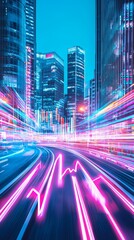 Poster - Dynamic urban nightscape vibrant light trails city center photography modern architecture low angle energy and motion