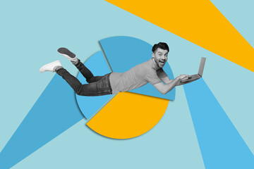 Poster - Composite art 3d creative collage of happy businessman type laptop diagram statistics development concept success freelance