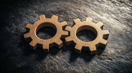 Poster - Two interlocking wooden gears on a textured surface, highlighting craftsmanship and design elements