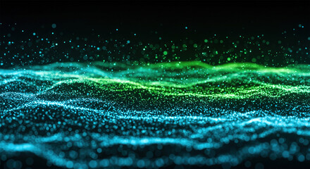 Fototapete - Background with glowing light blue and green lines, particles of data flowing in the air.