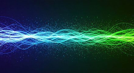 Fototapete - Background with glowing light blue and green lines, particles of data flowing in the air.