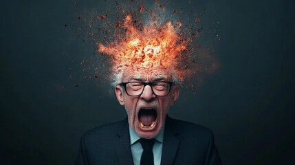 Poster - Senior businessman screaming with exploding head from information overload and burnout, experiencing a mental health crisis and suffering from stress and dementia