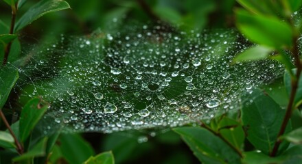 The intricate web of a spider, glistening with morning dew, against a backdrop of green leaves