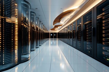 Aufkleber - A futuristic room houses a data center equipped with network servers