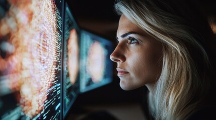 Poster - the female system engineer is in charge of controlling the operational proceedings with multiple mon