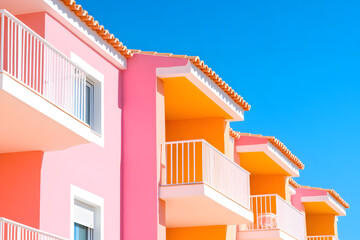 Aufkleber - Colorful architecture: A vibrant row of pink and orange buildings with white balconies against a clear blue sky, creating a striking architectural display.