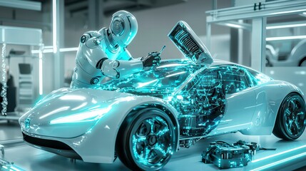 Poster - AI Automotive Innovation: A futuristic robot meticulously assembles a sleek, transparent concept car.