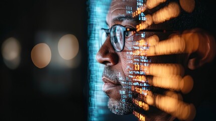 Poster - A man focused on programming, coding, and trading, surrounded by holograms, with an emphasis on cyber security, set against a futuristic backdrop of research