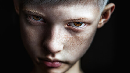 Extreme closeup of a young teenage boy with blond hair. Amber eyes. A tough and self-assured expression. Pale complexion with freckles. Studio portrait against a black background.