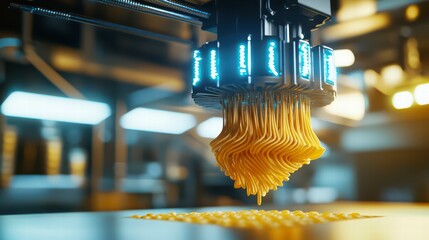 Poster - Futuristic Printing: A close-up shot of a 3D printer in action, extruding a complex, multi-layered object, its mechanical precision illuminated by glowing blue lights, showcasing innovation.