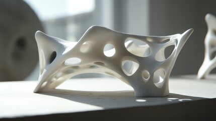 Poster - Intricate white sculpture with organic holes displayed on a minimalist table in a bright studio
