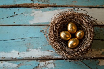 Poster - Happy Easter. A celebratory Easter backdrop adorned with eggs and flowers. Offers blank space for adding text. Focuses selectively on the main subject from a top perspective