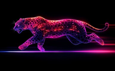 Poster - in a dark setting, a neon cheetah with a radiant tail races, accompanied by bright streaks of light