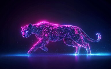 Poster - a cheetah, shining with neon colors and a glowing tail, sprints through the dark, highlighted by bri
