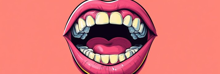 Poster - Sensual woman lips with glossy lipstick is showing teeth and tongue, expressing sensuality, desire, and a bold, confident attitude, on a vibrant pink background