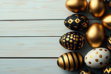 Poster - Easter golden decorated eggs isolated on a white background with a minimal concept. Perfect for a Happy Easter card, leaving space for custom text. Presented in a top view, flatlay