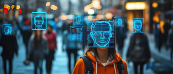 Poster - Facial recognition technology in urban setting with diverse people and digital overlays