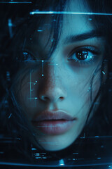 Poster - Futuristic portrait of young woman with digital interface and blue light effects