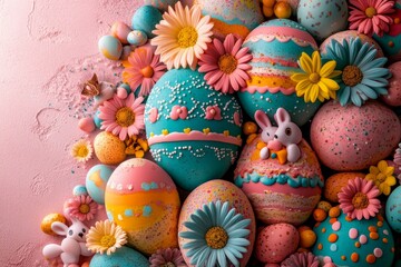 Poster - A top view photo of Easter decorations features glowing confetti, white Easter bunnies, and multicolored eggs on a pastel pink background