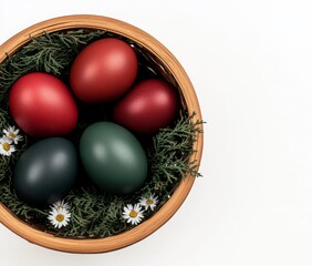 Poster - Easter eggs in a colorful array sit in a white basket