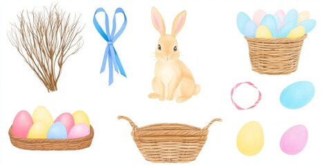 Wall Mural - Easter-themed watercolor imagery includes eggs, rabbits, baskets, flowers, butterflies, and lush green grass