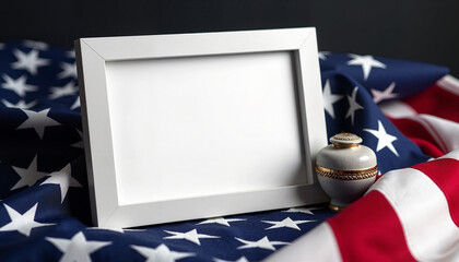 Wall Mural - Blank frame and urn on American flag background