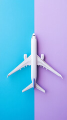 Poster - Airplane model on a split purple and blue background, representing travel, flight, and freedom with a minimalist design emphasizing movement and modern style.