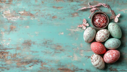 Poster - Easter holiday background featuring Easter eggs and tulip flowers, with space for text