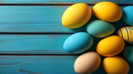 Poster - Happy Easter greeting card with space for text. Colorful Easter eggs and spring flowers against a dark blue background