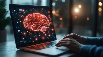 Poster - A worker using a laptop with icons representing business strategies