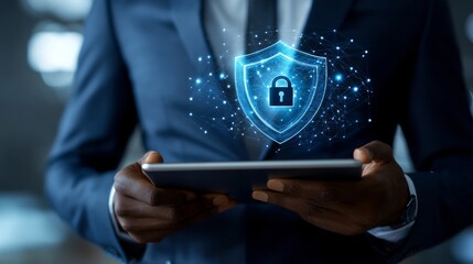 Poster - A businessman utilizing a tablet for security information and application access