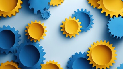 Poster - colorful arrangement of blue and yellow gears on a light blue background, showcasing creativity