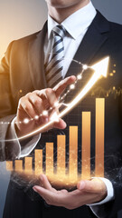 Poster - A business leader in a suit using his finger to point at a glowing upward arrow and graph, symbolizing financial growth, investment, and data analysis in business and technology.