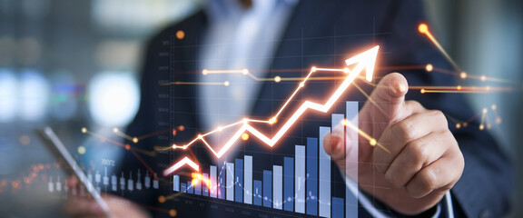 Poster - Business professional interacting with digital data visualizations on a screen, symbolizing financial growth, data analysis, and technology-driven decision making.