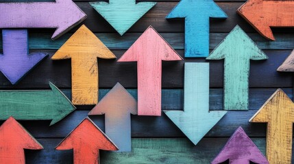 Poster - Colorful wooden arrows arranged artfully on a dark wooden background, creating a vibrant display