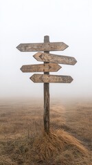 Poster - Wooden signpost with four blank arrows pointing in various directions in a desolate, foggy landscape, symbolizing difficult choices, uncertainty, and the challenge of decision making